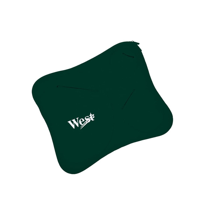 A dark green laptop bag featuring multiple pouches and a logo on the front.