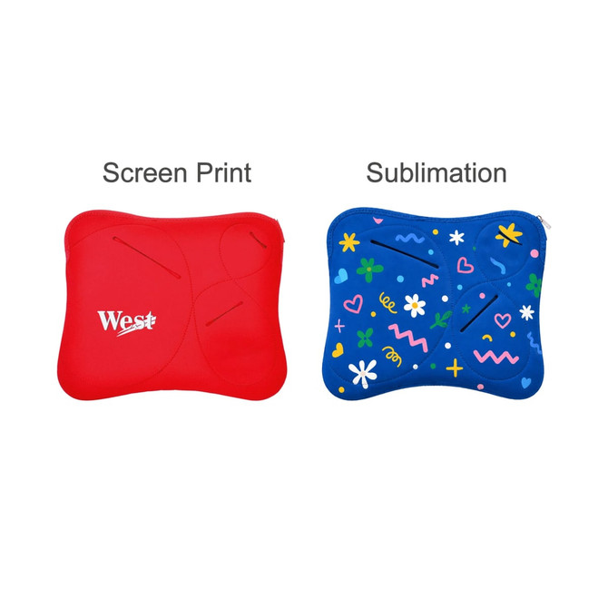 A red laptop bag with a logo on the left and a blue bag with a colourful pattern on the right.