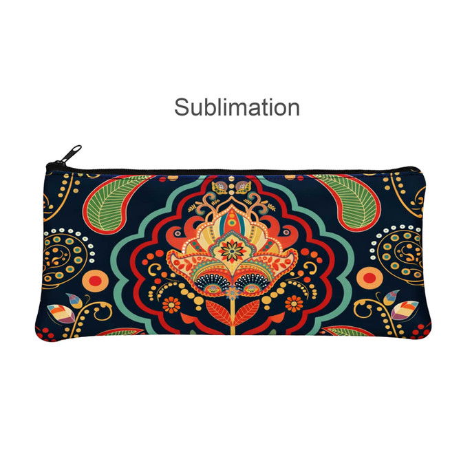 A vibrant, patterned neoprene pencil case featuring floral and paisley designs in red, green, and navy blue.