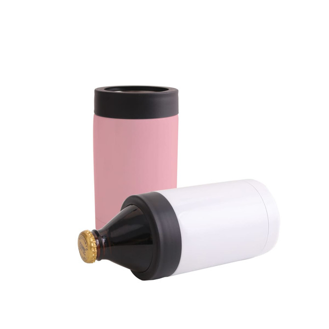 A 14oz stainless steel stubby holder in pink and white, featuring a black top and base, with a logo.