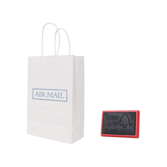 A white kraft paper bag with twisted handles, accompanied by a red rubber stamp.