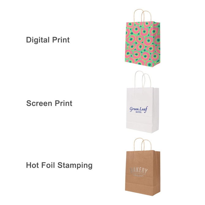 A twisted handle, kraft paper bag in brown, featuring a logo and printed designs in various colours.