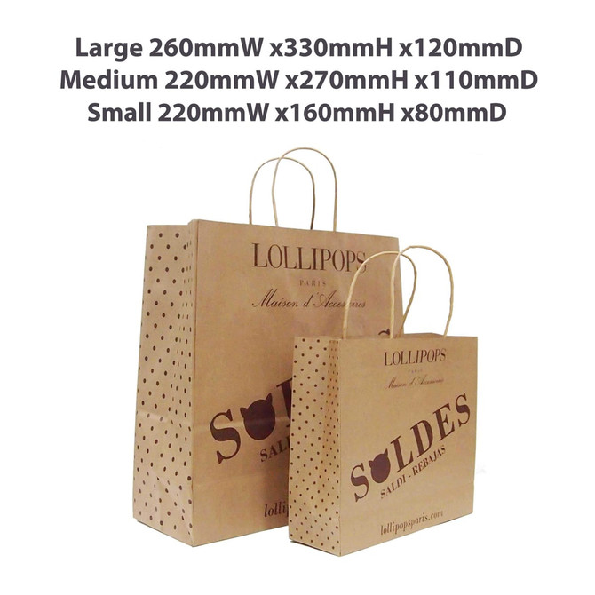 Two kraft paper bags in brown, featuring twisted handles and a logo, with dimensions displayed above.