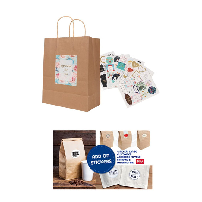A kraft paper bag with twisted handles, featuring a decorative label, accompanied by assorted stickers.