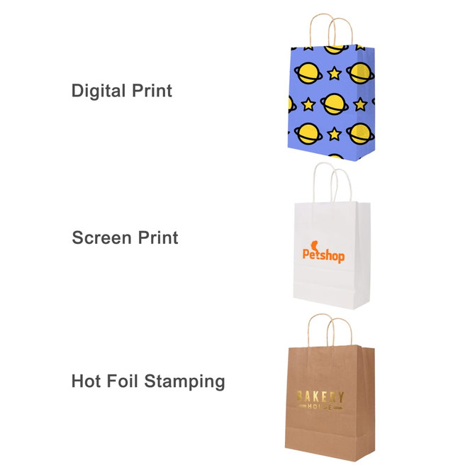 A kraft paper bag with a twisted handle, featuring designs in blue, white, and brown. Each bag has a different print style.