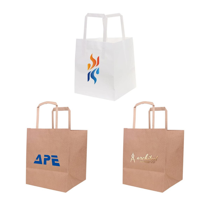 Flat handle kraft paper bags in brown and white, featuring logos and a minimalistic design.