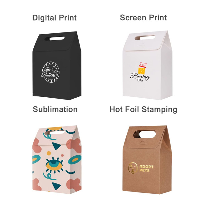 Die cut handle bags in various designs: black, white, patterned, and brown with branding on each. Paper construction.