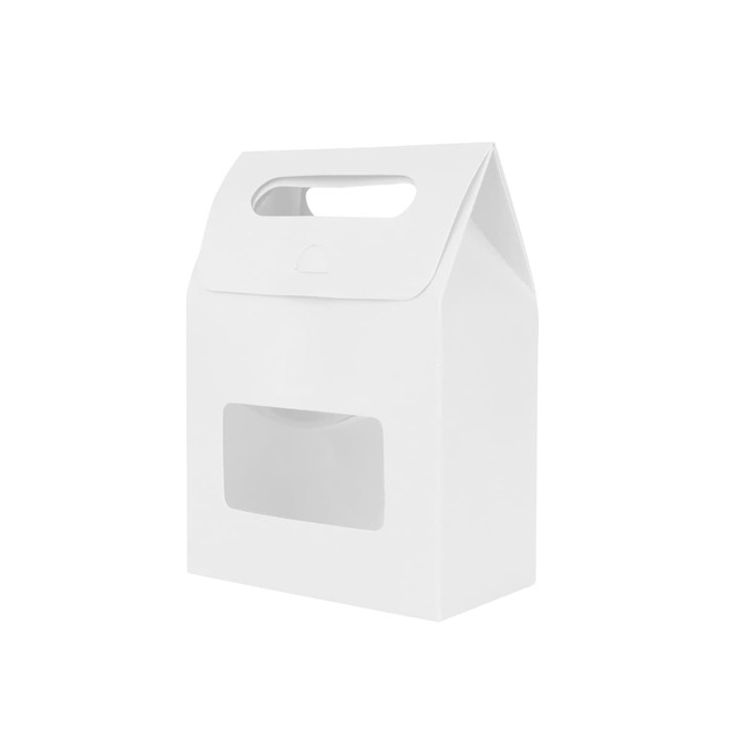 A white die cut handle bag with a window, featuring a simple rectangular shape and a handle on top.