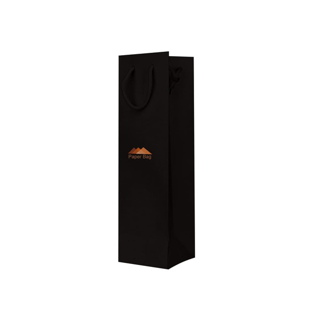 A black wine bottle paper bag with handles and a logo on the front. Designed for holding a single bottle.