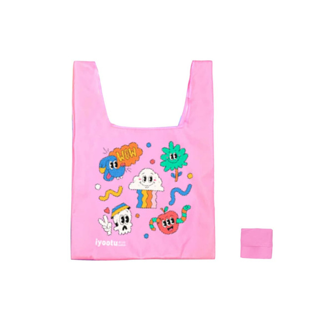 A pink reusable foldaway shopping bag featuring colourful cartoon designs and a matching compact pouch.