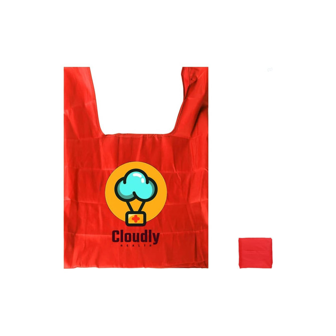A red reusable foldaway shopping bag featuring a logo with a cloud and cross design.
