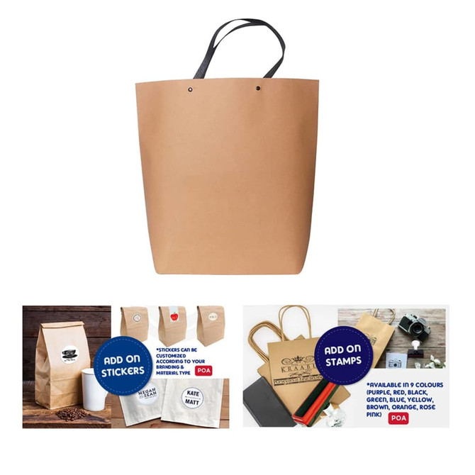 A large brown paper bag with black handles and a logo, featuring various additional product options below.