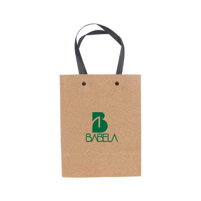 A small vertical brown paper bag with a knitted black handle and a logo printed on the front.