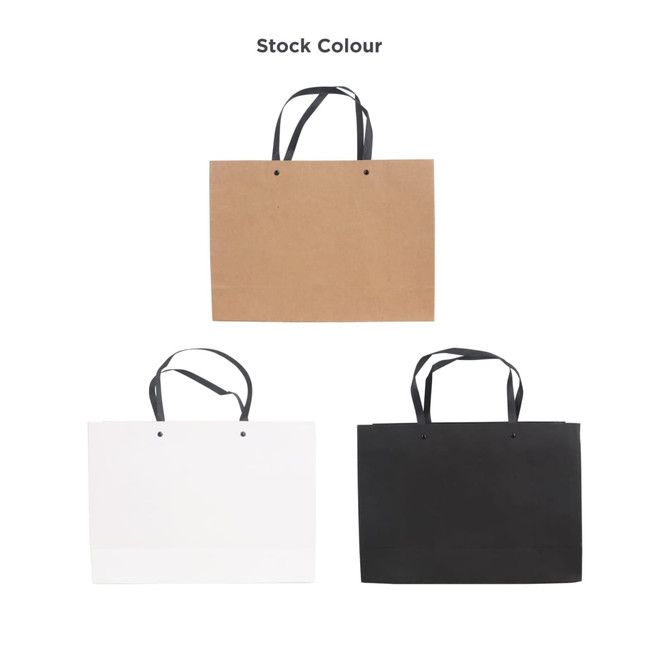 Large crosswise paper bags in brown, white, and black, featuring knitted handles. Each bag has a logo.