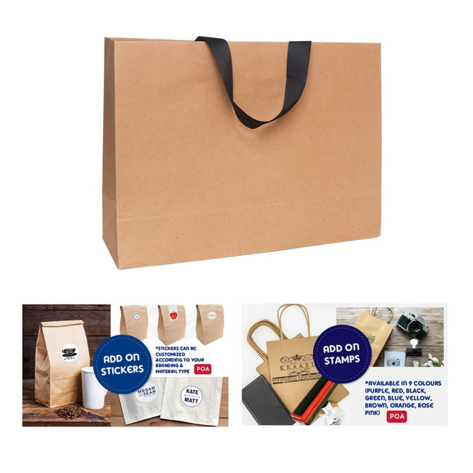 A medium brown paper bag with a flat black handle, featuring a logo on the front.