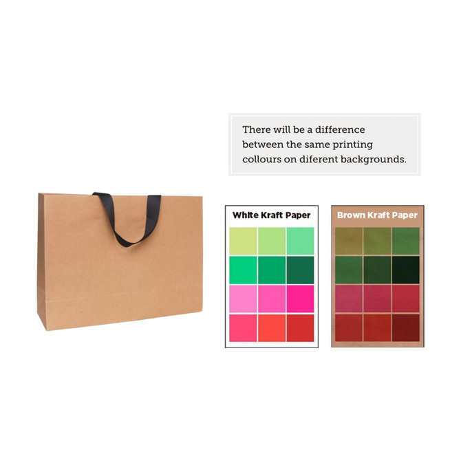 A large brown paper bag with a flat black handle, featuring various colour swatches beside it.