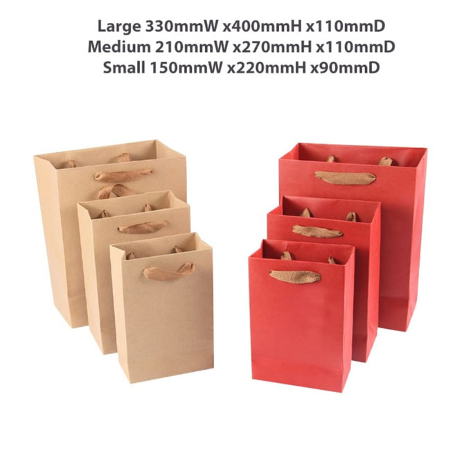 Small vertical paper bag in red with rope handle, measuring 150mmW x 220mmH x 90mmD, alongside larger bags in brown.