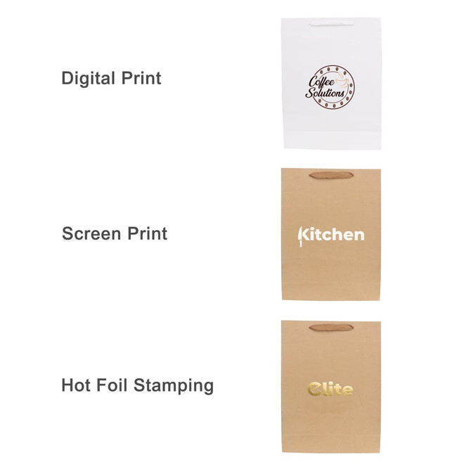 A medium vertical paper bag in brown with fabric flat handle and printed designs, featuring a logo.