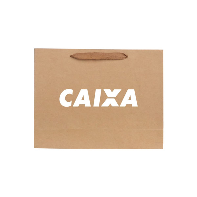 A small brown paper bag with a rope handle and a logo on the front.