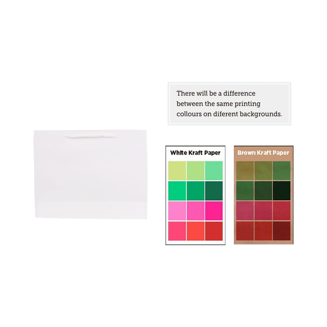 A small white paper bag with a rope handle, alongside colour swatches of white and brown kraft paper.