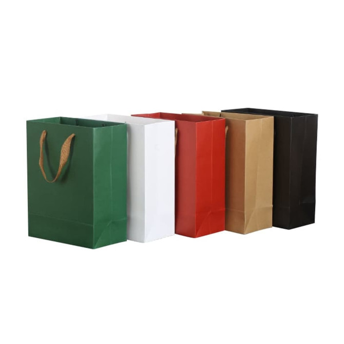 Small crosswise paper bags in green, white, red, brown, and black, each with a rope handle.