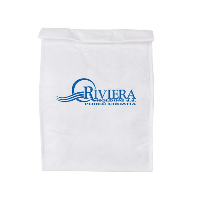 A white cooler lunch bag made of Tyvek, featuring a logo in blue. It has a rectangular shape and zip closure.