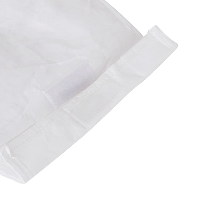 A white Tyvek cooler lunch bag with a Velcro closure and textured surface, featuring a logo.