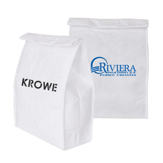 A white Tyvek cooler lunch bag with a square design and a logo on one side.