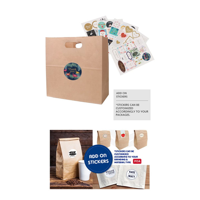 A brown kraft paper bag with a handle and a circular logo, accompanied by decorative stickers.