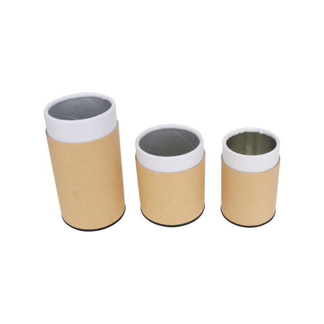 Medium kraft paper cylinders with black lids in various sizes. The cylinders have a smooth, natural paper finish.