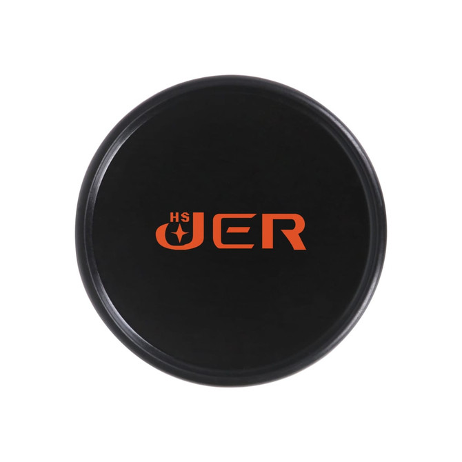 A black lid for a cylindrical container featuring a logo in orange. The lid has a smooth finish.
