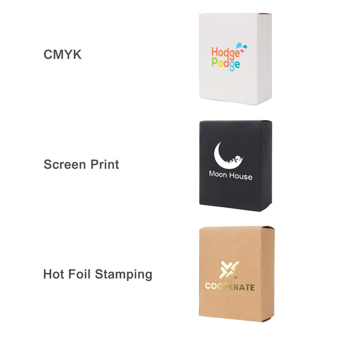 A small square gift box in white, black, and kraft, featuring various print styles including screen print and foil stamping.