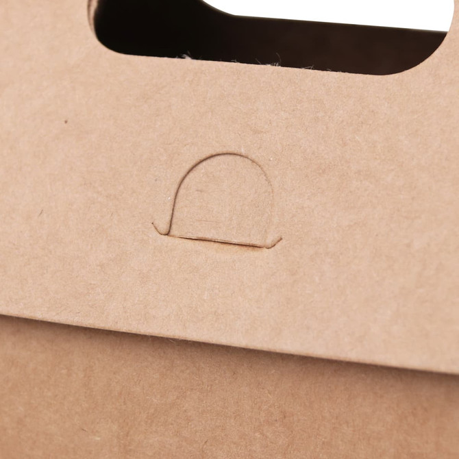 A small kraft paper portable box featuring a cut-out handle and a embossed design in a natural brown colour.