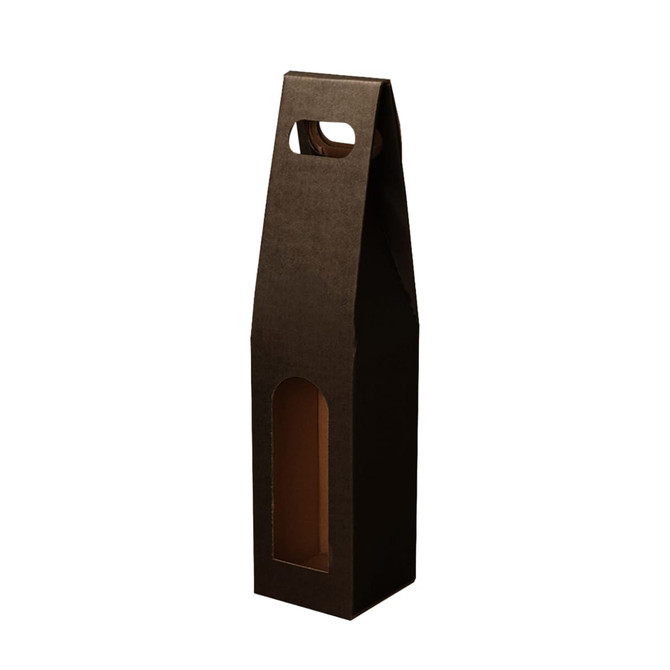 A drink bottle box in a black design, featuring a window and a handle for easy carrying.