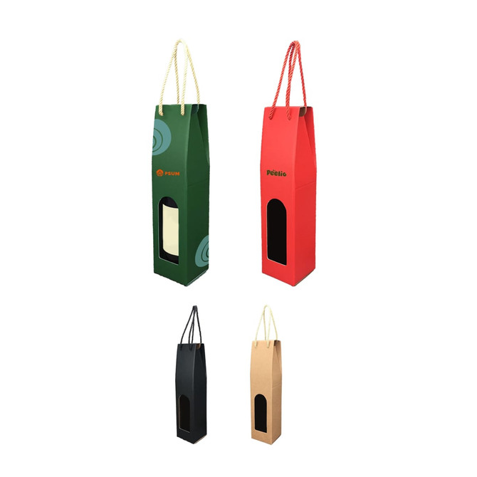 Single bottle wine boxes in green, red, black, and brown, featuring a rope handle and a window for the bottle.