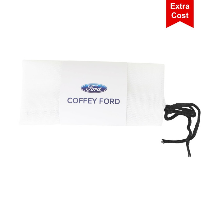 A white cotton mesh produce bag with a black drawstring and a logo on the front.