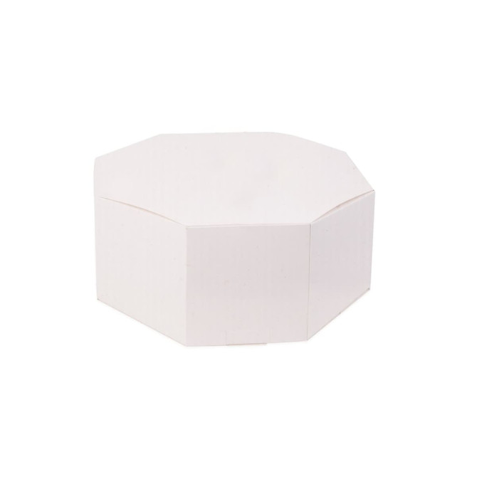 An octagonal kraft box in white, featuring a simple design and subtle texture.