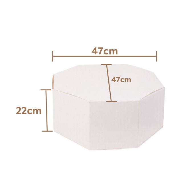 An octagonal white kraft box measuring 47cm in width and 22cm in height, featuring a simple design.