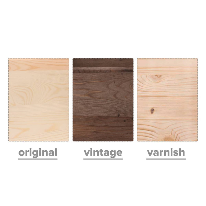 Three wooden panels displayed in original, vintage, and varnish finishes, showcasing different wood tones and textures.