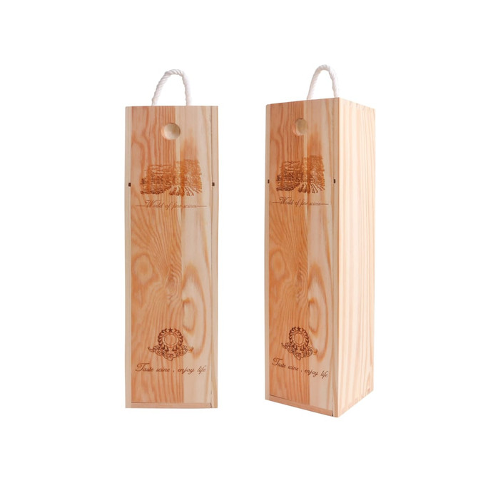A wooden wine box featuring a natural wood finish, with a rope handle and branding on the front.
