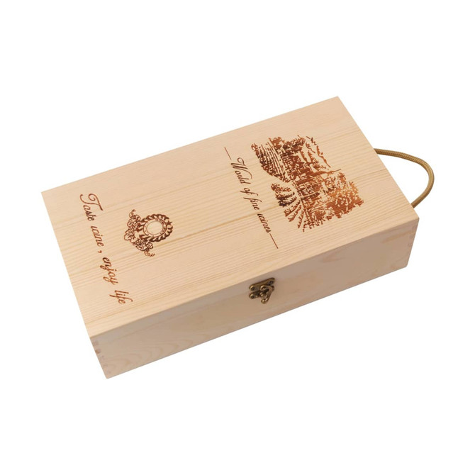 A wooden wine box in a light beige colour with a decorative design and a rope handle. It has a logo embossed on the surface.