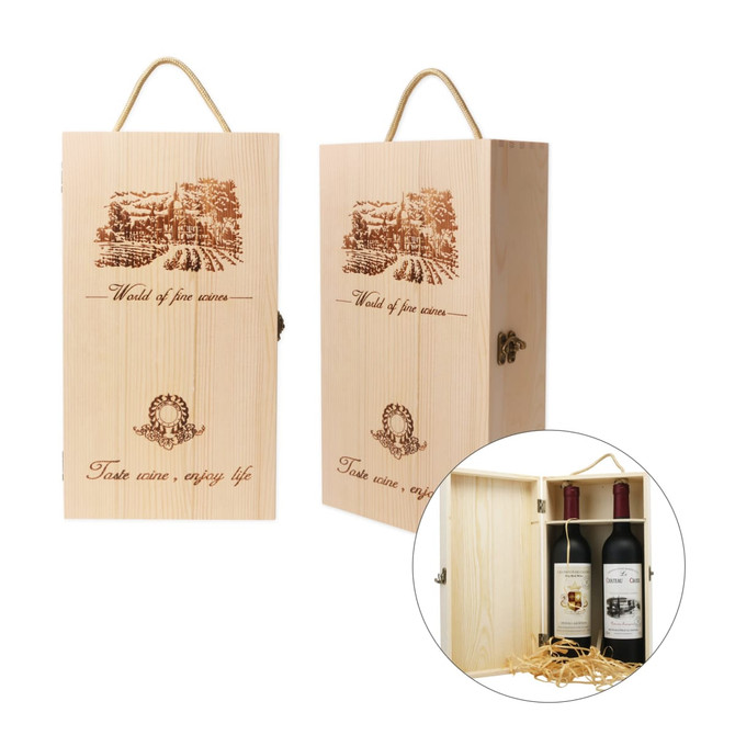 A wooden wine box in light timber with a handle, featuring illustrations and a hinged lid, holding two drink bottles inside.