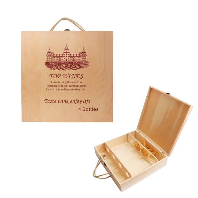 A wooden box for four bottles of wine, featuring natural wood colour and a decorative lid design.