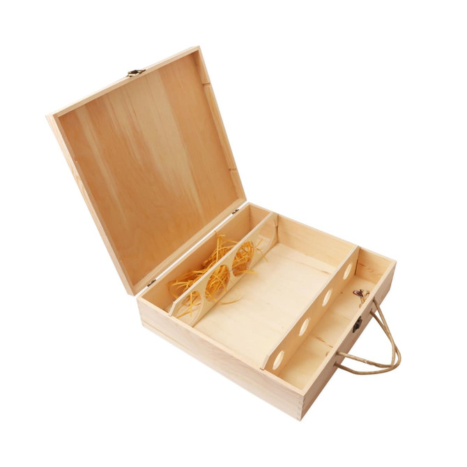 A wooden box with a natural finish, featuring compartments for four wine bottles and decorative straw inside.