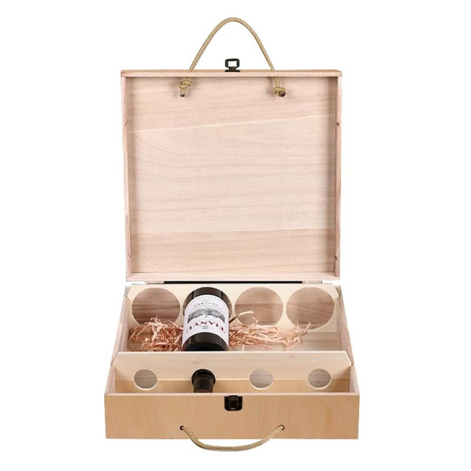 A wooden box featuring four circular compartments and one wine bottle, finished in natural wood tones.