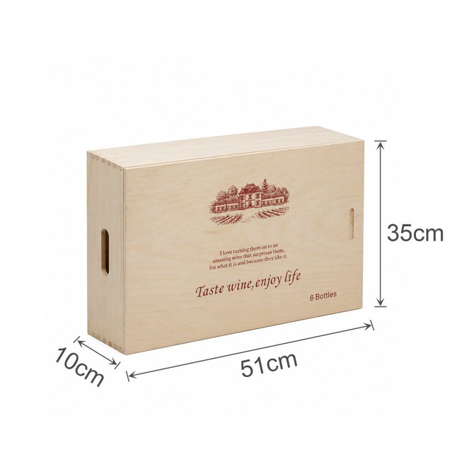 A wooden gift box for six wine bottles, featuring a natural beige colour and engraved design. Dimensions are 51cm x 35cm x 10cm.