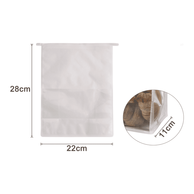 A white sealing storage bag measuring 22x28x11 cm, with a transparent section and an included logo.