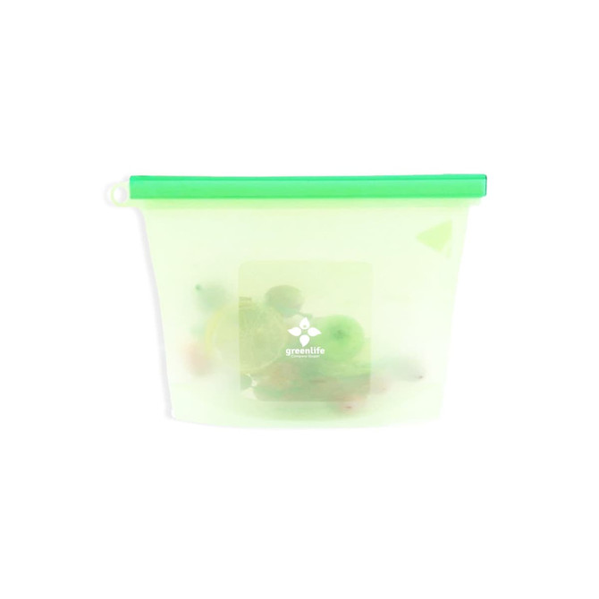 A silicone reusable storage pouch in clear with a green zip closure, featuring a branding logo.