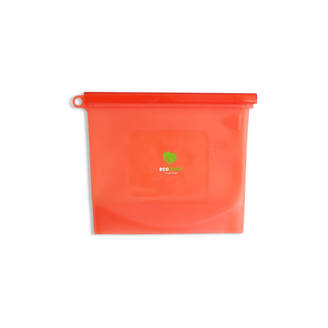 A silicone reusable storage pouch in a vibrant orange colour, featuring a logo at the centre.