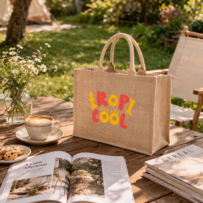 A natural jute tote bag in beige with a colourful logo, placed on a wooden table alongside coffee and magazines.